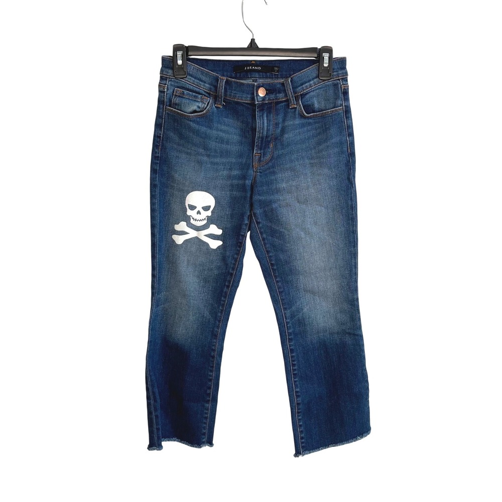 J Brand Skull Graphic Jeans Womens 27 Blue Goth Edgy‎ Raw Hem Straight JB000190